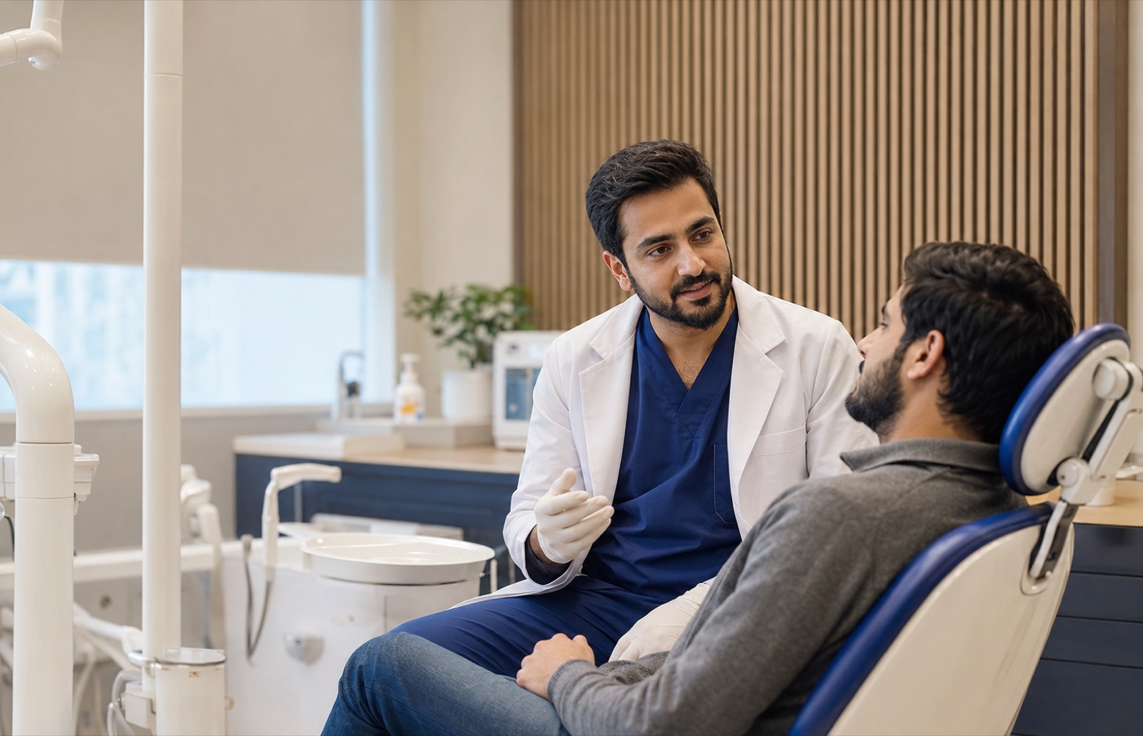 Dentist treating a patient in a treatment room at Lahore Dental Clinic